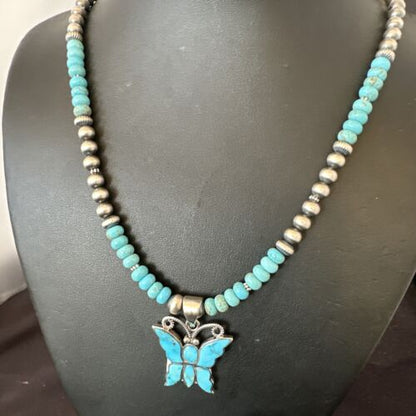 Navajo Butterfly Blue Ridge Turquoise Inlay Pendant Necklace | Sterling Silver | Authentic Native American Handmade | 16642