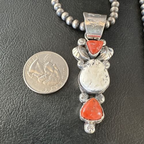 Navajo White Buffalo Coral Necklace | Sterling Silver | Native American Handmade | 15450