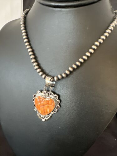Navajo Orange Spiny Oyster Heart Pendant Necklace | Sterling Silver | Authentic Native American Handmade | 16419