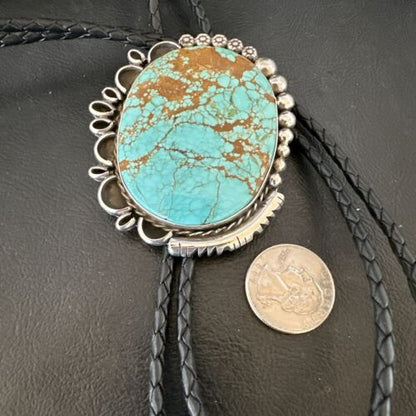 XL Men's Blue Turquoise #8 Bolo Tie | Navajo Sterling Silver | Authentic Native American Handmade | 17006