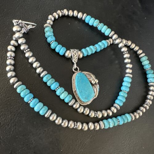 Navajo Blue Turquoise Pendant with Pearls | Sterling Silver Necklace | Authentic Native American Handmade | 15418
