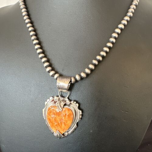 Navajo Orange Spiny Oyster Heart Pendant Necklace | Sterling Silver | Authentic Native American Handmade | 16296
