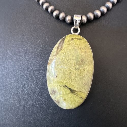 Navajo Green Gaspeite Pendant Necklace | Sterling Silver | Authentic Native American Handmade | 15482