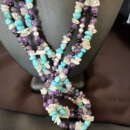Purple Amethyst Blue Turquoise Necklace | Sterling Silver | Authentic Native American Handmade | 17506