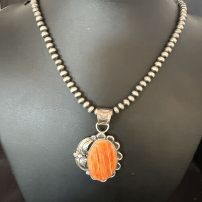 Navajo Orange Spiny Oyster Pendant Necklace | Sterling Silver | Authentic Native American Handmade | 15628