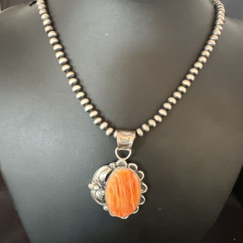 Navajo Orange Spiny Oyster Pendant Necklace | Sterling Silver | Authentic Native American Handmade | 15628