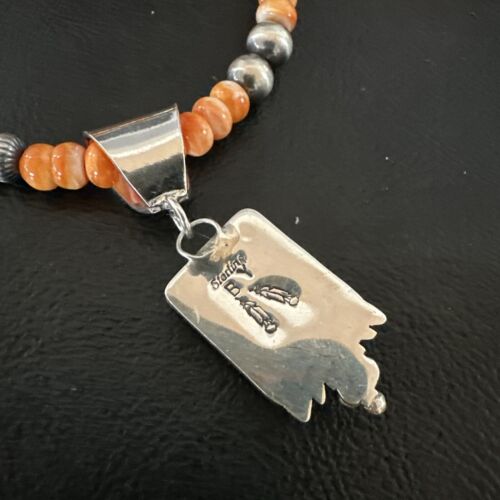 Navajo Pearls Necklace with Orange Spiny Oyster Pendant | Sterling Silver | Authentic Native American Handmade | 17050
