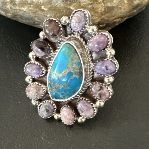 Navajo Cluster Blue Kingman Turquoise Charoite Ring | Authentic Native American Sterling Silver | Multi-Stone | Sz 9 | 17179