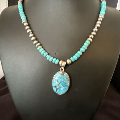 Navajo Blue Spiderweb Turquoise Pendant Necklace | Sterling Silver | Authentic Native American Handmade | 17080