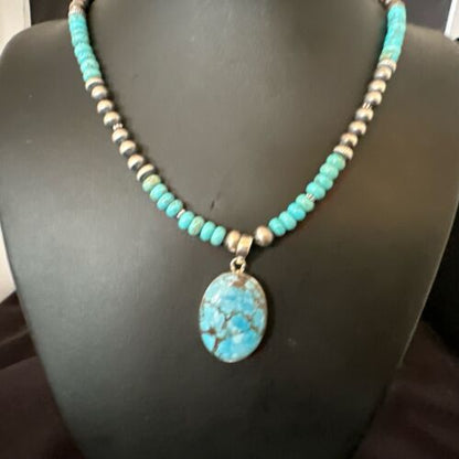Navajo Blue Spiderweb Turquoise Pendant Necklace | Sterling Silver | Authentic Native American Handmade | 17080