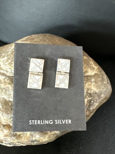 Navajo White Buffalo Turquoise Inlay Post Earrings | Sterling Silver | Authentic Native American Handmade | 15312