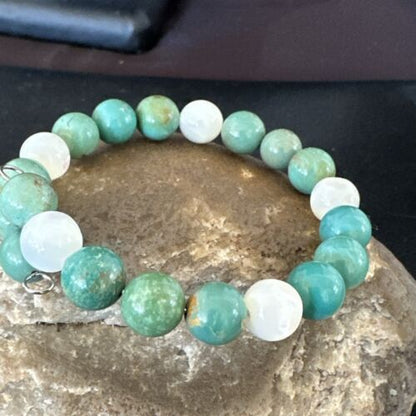 Turquoise Memory Wire Bracelet | Stainless Steel | Mother of Pearl Beads | 7" | 17628