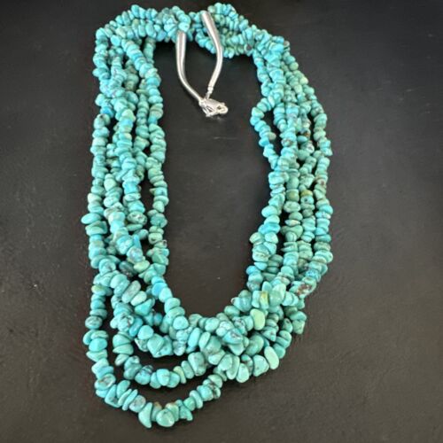 Navajo Blue Turquoise Nugget Bead Necklace | 5 Strand | Sterling Silver | 18" | 15077