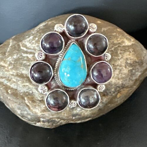 Cluster Blue Kingman Turquoise Sugilite Navajo Sterling Silver Ring Size 7 16772