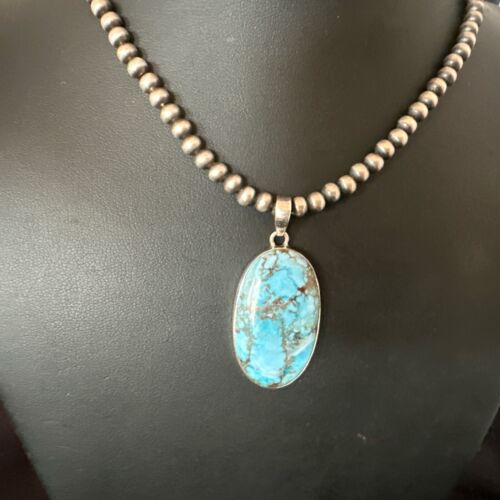 Navajo Blue Spiderweb Turquoise Pendant Necklace | Sterling Silver | Authentic Native American Handmade | 17025