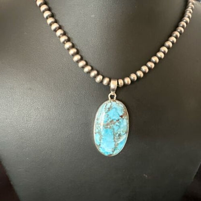 Navajo Blue Spiderweb Turquoise Pendant Necklace | Sterling Silver | Authentic Native American Handmade | 17025