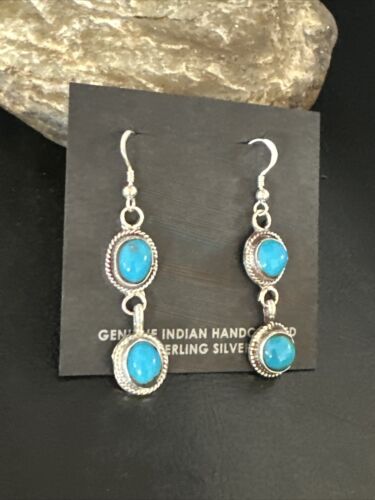 Kingman Turquoise Dangle Earrings | Navajo Sterling Silver | Authentic Native American Handmade | 14869
