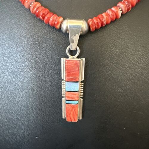 Red Spiny Oyster Opal Inlay Pendant Necklace | Navajo Sterling Silver | 16886