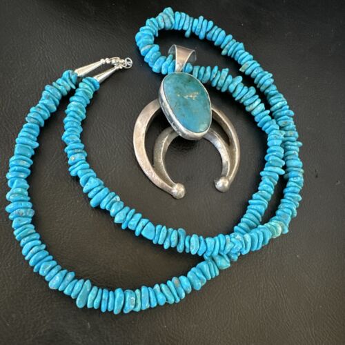 Navajo Blue Kingman Turquoise Naja Pendant Necklace | Sterling Silver | 26" | Authentic Native American Handmade | 16065