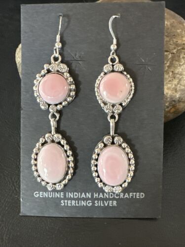 Navajo Pink Conch Shell Dangle Earrings | Sterling Silver | Authentic Native American Handmade | 17199