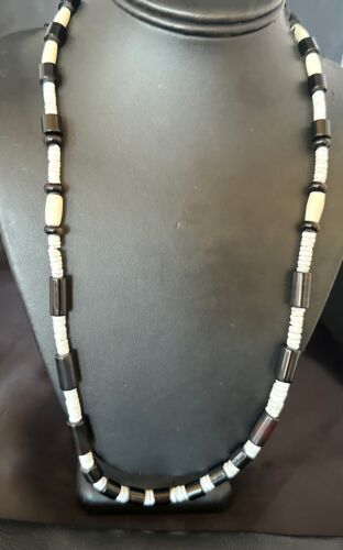 Men's Navajo Black Onyx White Shell Necklace | Sterling Silver | 26" | Authentic Native American Handmade | 17583