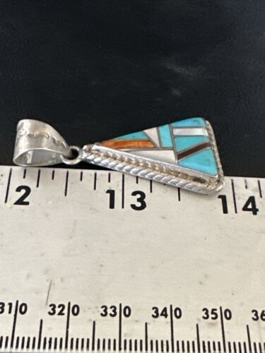 Navajo Blue Turquoise Spiny Mother of Pearl Inlay Pendant | Sterling Silver | Authentic Native American Handmade | 15195