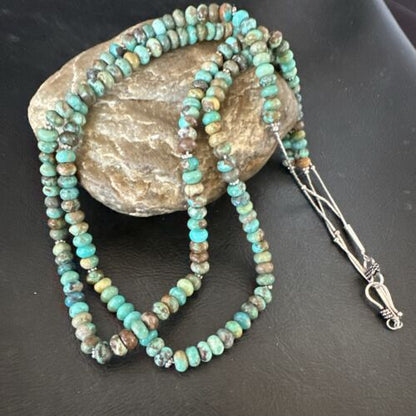 Navajo Blue Green Turquoise Heishi Bead Necklace | Sterling Silver | 6mm | Authentic Native American Handmade | 14359 - Masha USA