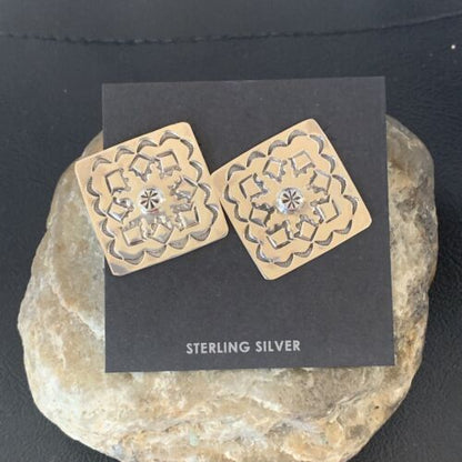 Navajo Stamped Square Earrings | Sterling Silver | Authentic Native American Handmade | 1198