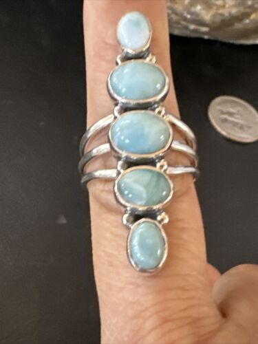 Navajo Blue Larimar Cluster Ring | Authentic Native American Sterling Silver | Multi-Stone | Sz 7.5 | 15978