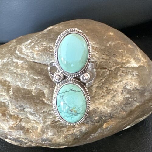 Navajo Blue Dry Creek Turquoise 2 Stone Ring | Authentic Native American Sterling Silver | Multi-Stone | Sz 10 | 16739 - Masha USA