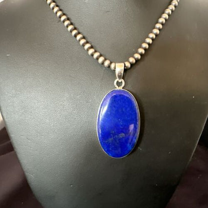 Navajo Blue Lapis Pendant with Pearls | Sterling Silver Necklace | 20" | Authentic Native American Handmade | 16910