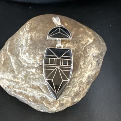 Navajo Sterling Silver Pendant with Black Onyx Inlay | Authentic Native American Handmade | 2.75"