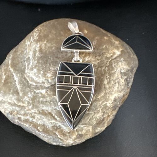 Navajo Sterling Silver Pendant with Black Onyx Inlay | Authentic Native American Handmade | 2.75"