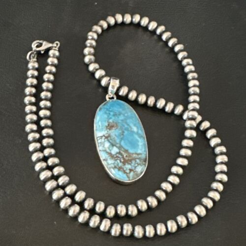 Navajo Blue Spiderweb Turquoise Pendant Necklace | Sterling Silver | Authentic Native American Handmade | 17023
