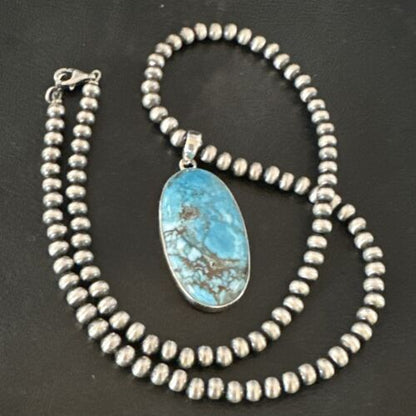 Navajo Blue Spiderweb Turquoise Pendant Necklace | Sterling Silver | Authentic Native American Handmade | 17023