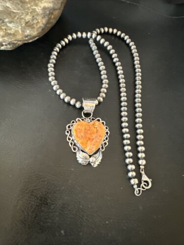 Navajo Orange Spiny Oyster Heart Pendant Necklace | Sterling Silver | Authentic Native American Handmade | 16417