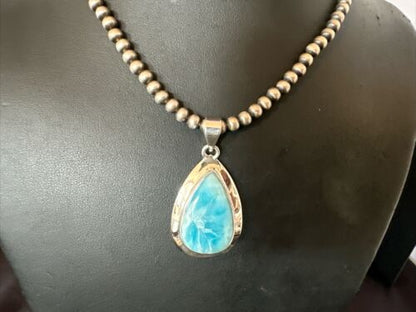 Navajo Blue Larimar Pendant Necklace | Sterling Silver Beads | Authentic Native American Handmade | 17604