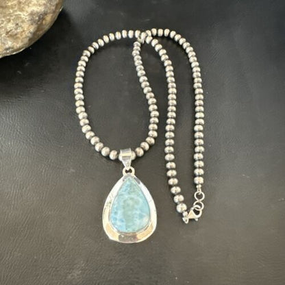 Navajo Blue Larimar Pendant Necklace | Sterling Silver Beads | Authentic Native American Handmade | 17562