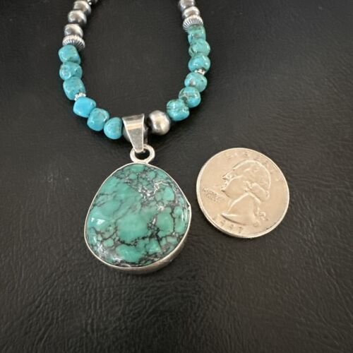 Men's Blue Spiderweb Turquoise Pendant Necklace | Navajo Sterling Silver | Authentic Native American Handmade | 17086
