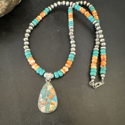 Navajo Spiny Turquoise Pendant Necklace | Sterling Silver | 22" | Authentic Native American Handmade | 17413