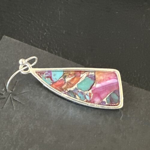 Navajo Blue Turquoise Red Spiny Oyster Inlay Dangle Earrings | Sterling Silver | 15575