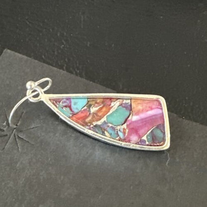 Navajo Blue Turquoise Red Spiny Oyster Inlay Dangle Earrings | Sterling Silver | 15575