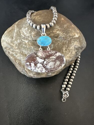 Navajo Wild Horse | Blue Kingman Turquoise Necklace | Sterling Silver | Authentic Native American Handmade | 17307