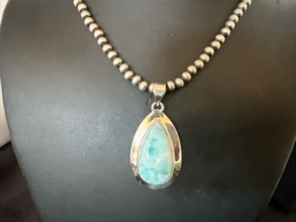 Navajo Blue Larimar Pendant Necklace | Sterling Silver Beads | Authentic Native American Handmade | 17567