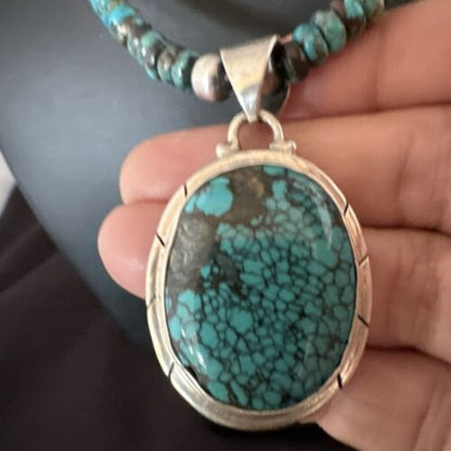 Men's Blue Spiderweb Turquoise Pendant Necklace | Navajo Sterling Silver | Authentic Native American Handmade | 17084