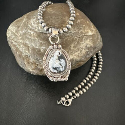White Buffalo Turquoise Pendant | Navajo Pearls | Sterling Silver Necklace 21" | 17328 - Masha USA