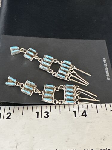 Zuni Kingman Turquoise Needle Point Dangle Earrings | Sterling Silver | 4 Tier | 14872