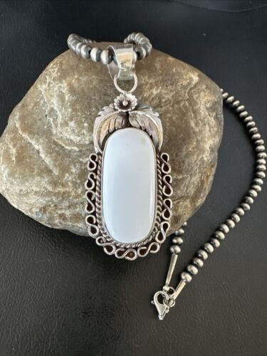 Navajo Pearls White Buffalo Turquoise Necklace Pendant | Sterling Silver | Authentic Native American Handmade | 15707