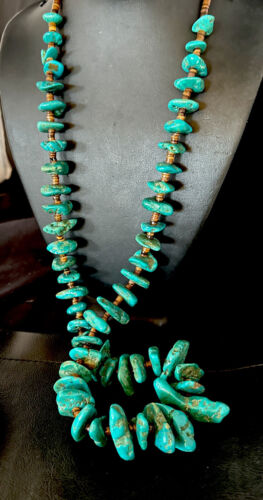 Navajo Blue Kingman Nugget Turquoise Necklace | Sterling Silver | 32" | Authentic Native American Handmade | 15287