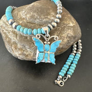 Navajo Butterfly Blue Ridge Turquoise Inlay Pendant Necklace | Sterling Silver | Authentic Native American Handmade | 16642